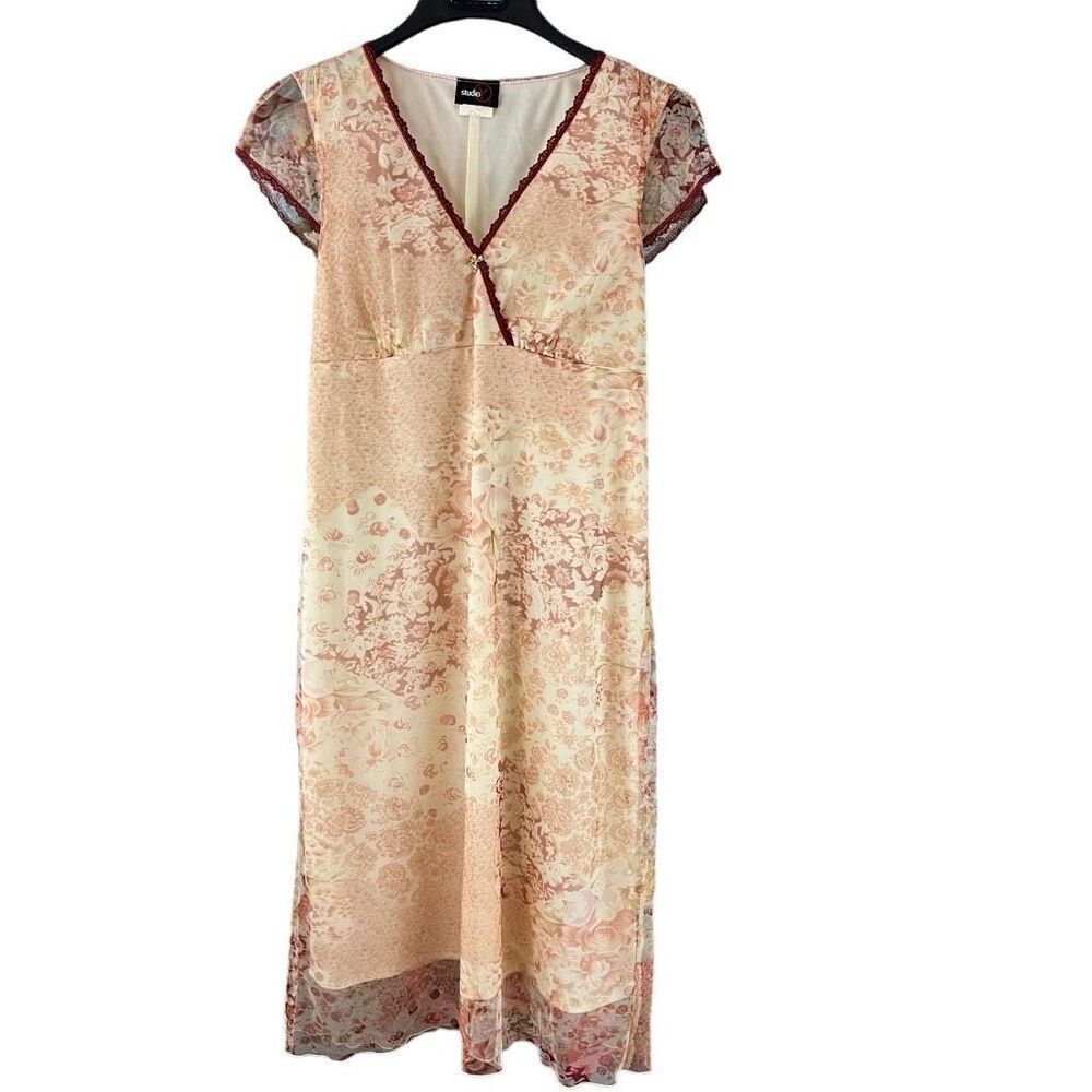 Vintage 90s Y2K Studio Y Floral Print Tulle Split Sleeve Dress Size 9/10